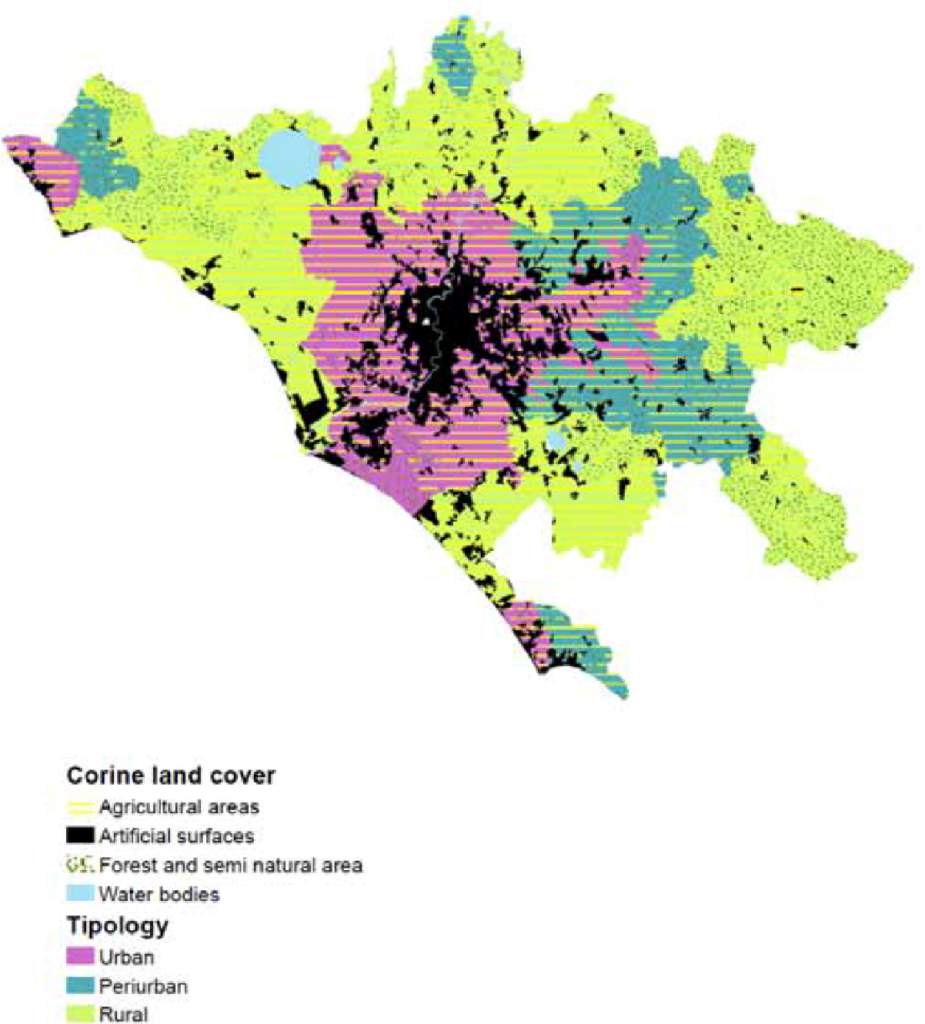 Figura 1: Le tipologie territoriali e la copertura dei suoli nel Comune di Roma (Fonte: Corine Land Cover, 2006), scala 1:100.000.